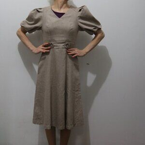 Tan Beige Light Brown A-line retro puffed sleeve dress, pre-owned,worn once
